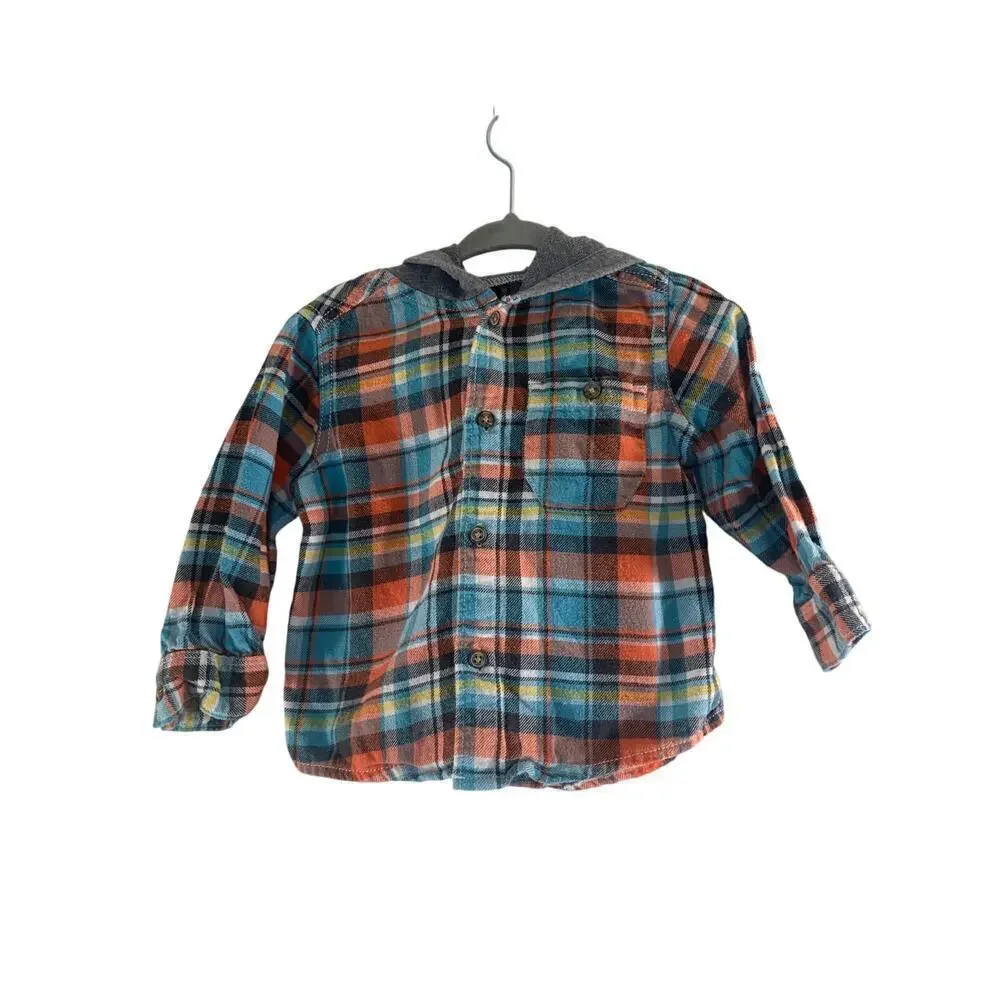 CARTER’S Boy’s Hooded Button Down Long Sleeve Flannel Shirt / Size: 12 Months